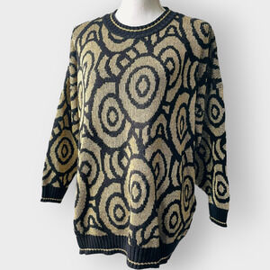 VTG Sweater Gold Metallic Long Sleeve Crew Neck Circles Knit Size Large Abstract